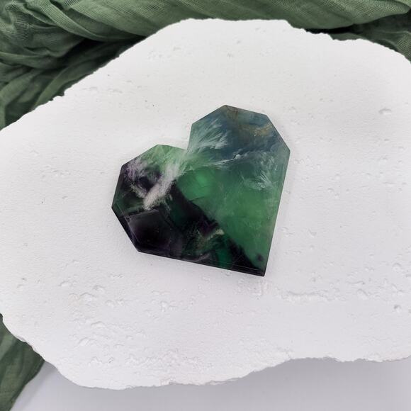 Feather Fluorite Faceted Heart Crystal Carving - Picture 3 of 5